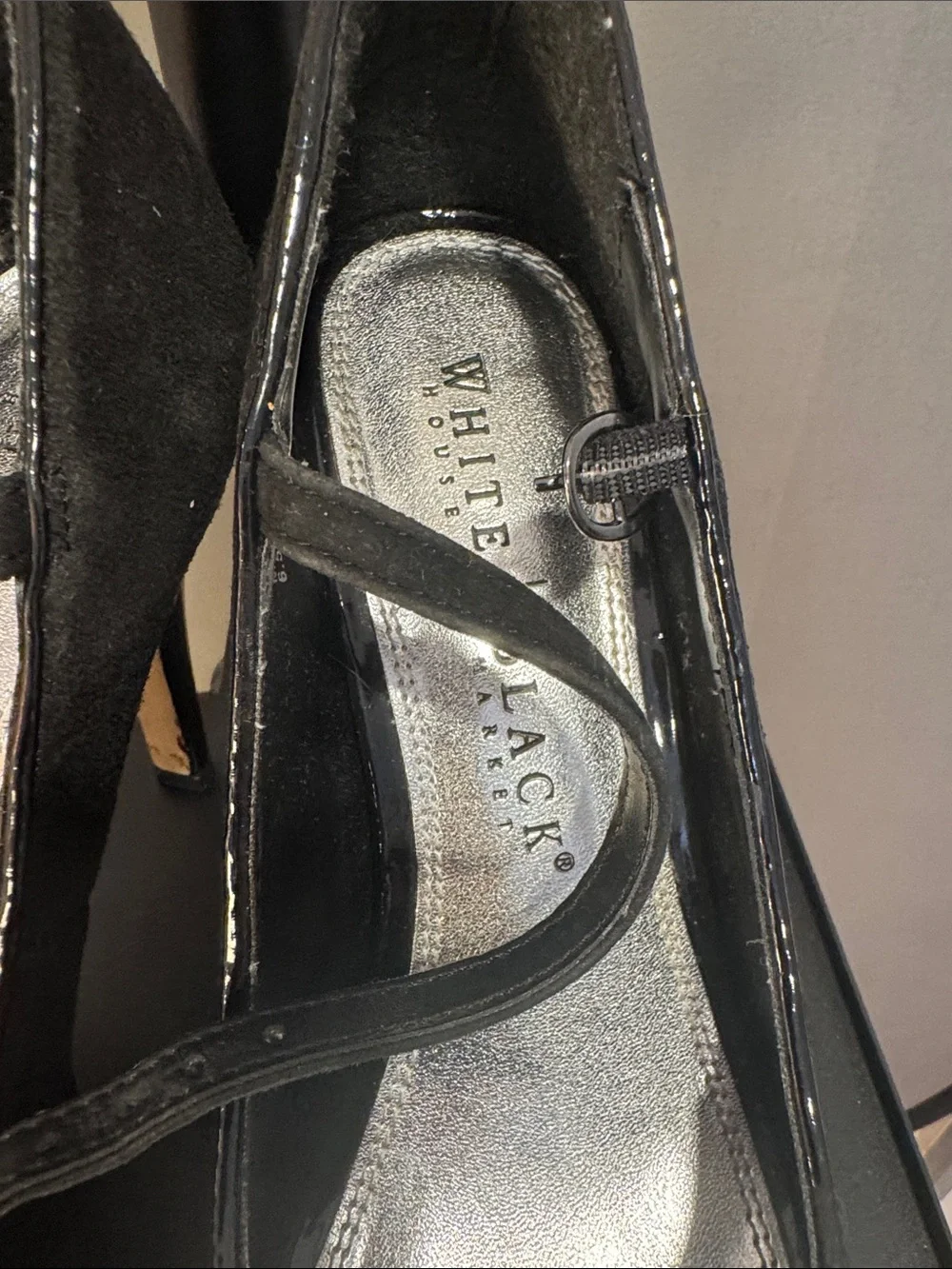White House Black Market Black Patent Peep-Toe Heels with Faceted Gem